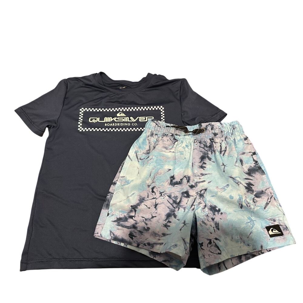 Quicksilver Boys XS 5-6 Swim trunks and rash gaurd set blue